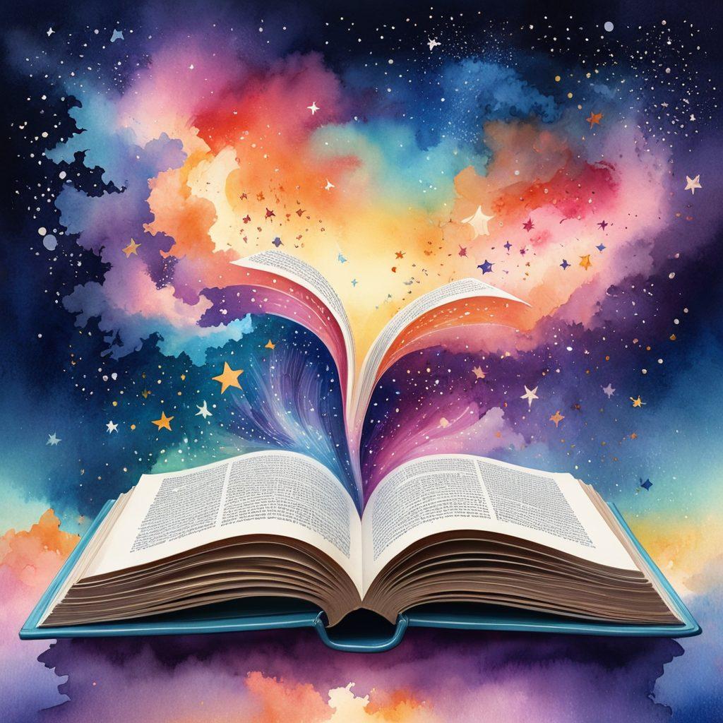 A whimsical, vibrant illustration of an open book with radiant, colorful words swirling out of it, forming magical shapes like stars and sparks in the air. These words represent various stylish language styles, enticing readers to dive into the world of eloquence and charm. The background features a dreamy sky transitioning from dusk to dawn, symbolizing discovery and inspiration. watercolor style. bright colors. ethereal atmosphere.